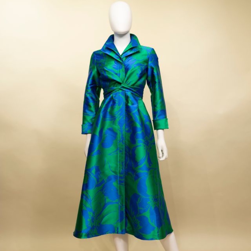 New Samuel Dong F22041 Blue & Green Floral Midi Dress – Designer Statement Piece